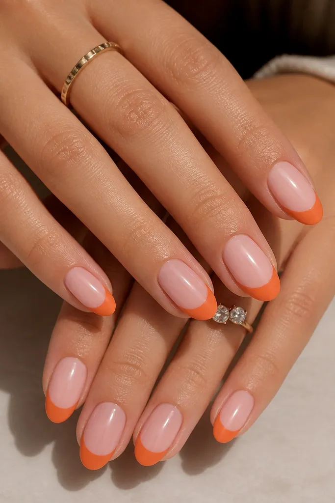 Short almond nails with a high-gloss glossy pink base. The French tips are orange but finished matte, creating a sharp texture contrast. The matte tip shape is clean and evenly centered on each nail.