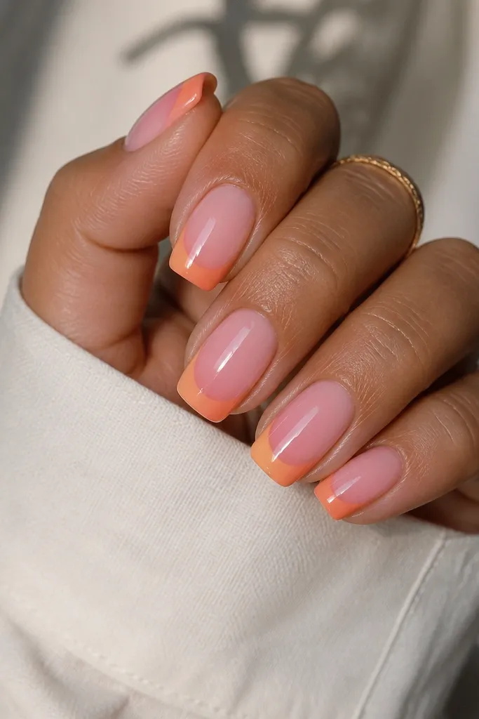 Medium squoval nails with a candy pink base. The French tips show a gradient from lighter peach at the inner edge to deeper tangerine at the outer edge. The blend is smooth and the tips are neatly shaped.