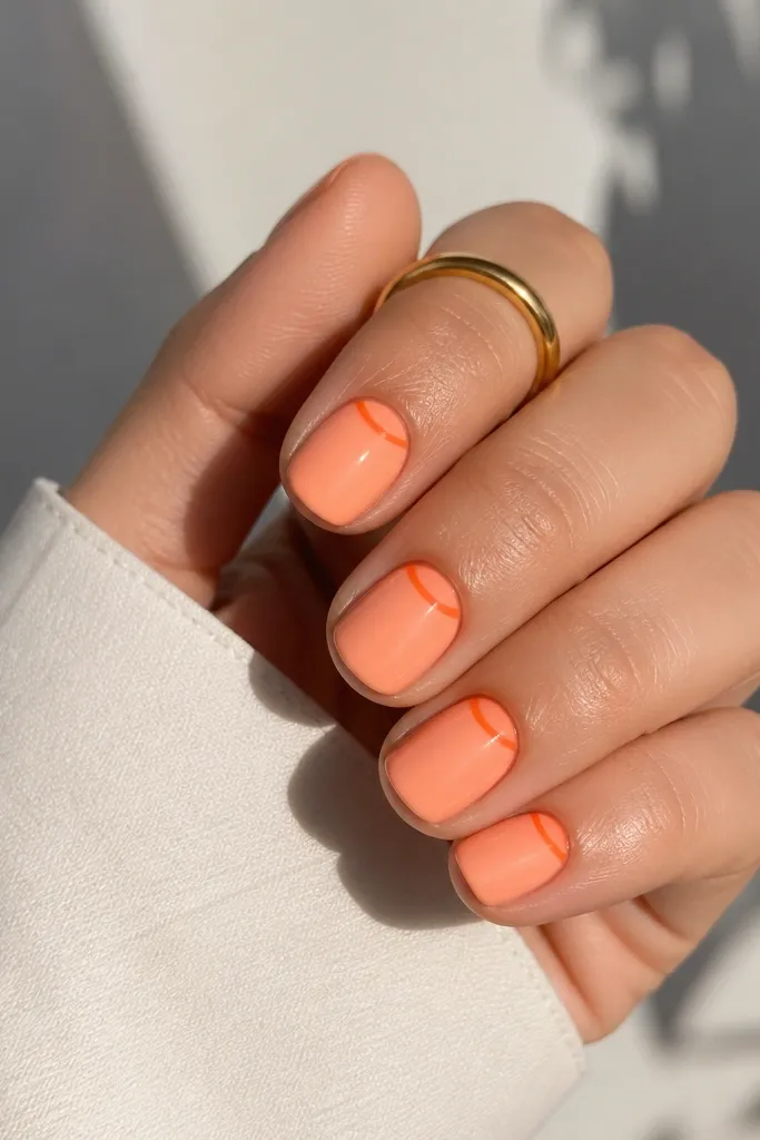 Short round nails painted peach coral. Instead of a top French tip, there's an orange line near the cuticle area that curves like a smile and stays thin. The look is clean and glossy.