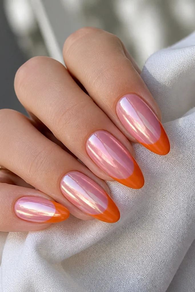 Almond nails with a pink chrome effect base that reflects light like a soft mirror. The French tips are orange with a glossy finish and sharp edges. The contrast between reflective pink and solid orange is obvious in the photo.