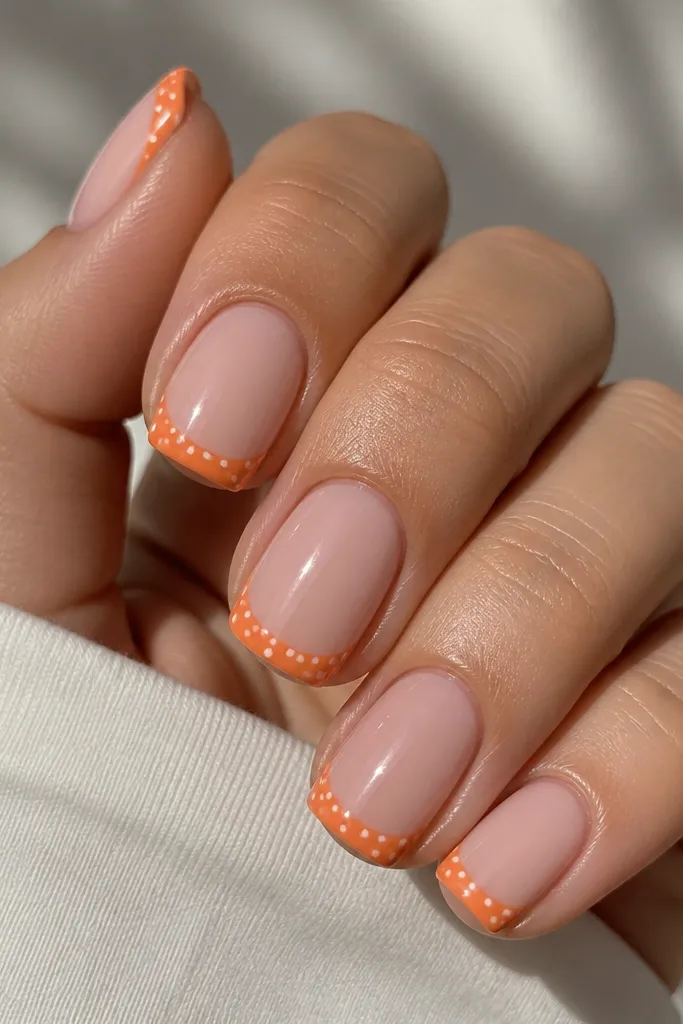 Short squoval nails with a soft blush pink base. The French tips are orange, and inside the orange tip area there are tiny white or lighter peach polka dots spaced evenly. The nails are glossy and the dots are centered.