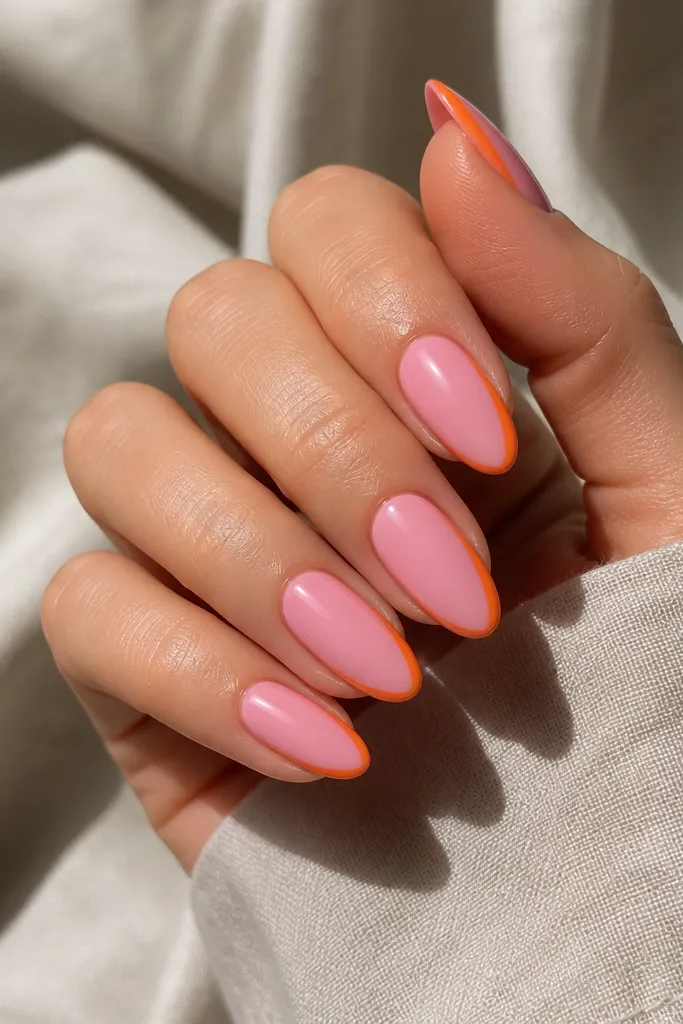 Medium almond nails painted pink. Only one side of each nail has an orange French tip strip running along the outer edge, with the other side staying plain pink. The line is clean and glossy.