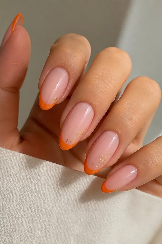 Almond nails with a milky pink base and orange French tips. On one or two nails, there are tiny gold dots arranged like small stars or sparkles near the tip line. The rest of the nails stay clean and glossy.