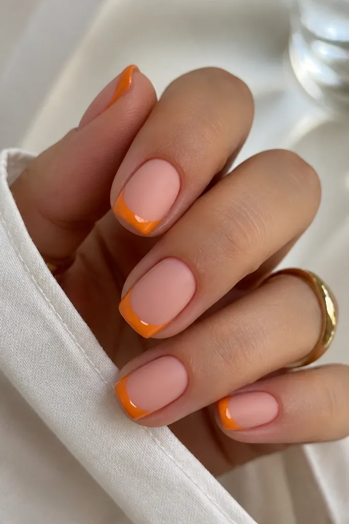 Short squoval nails with a matte pink base. The French tips are glossy orange with a sharp smile curve, and the finish contrast is obvious. The orange tips look smooth and reflective.