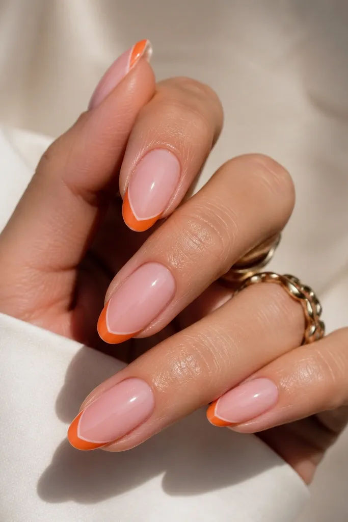 Medium almond nails painted soft pink. Orange French tips have a clean smile curve, and at the very outer corners of the tips there are tiny thin white lines like angled corner accents. Everything is glossy.