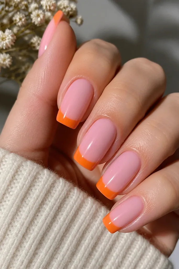 Long squoval nails with a glossy pink base. Orange French tip stickers are applied precisely across each nail, and the edges look sealed and smooth. The tips are uniform, with a crisp border and shiny top coat over everything.