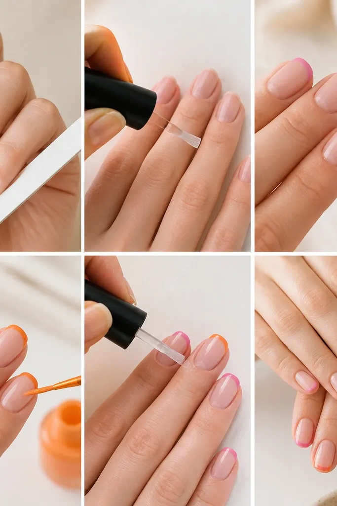At home Pink And Orange French Tip Nails in simple steps