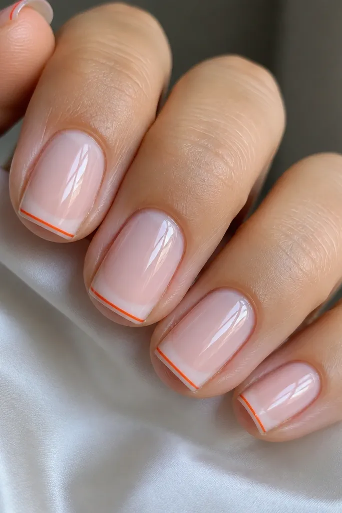 Close-up of short squoval nails with a milky pink base. The French tips are a clean white-pink fade, but the very edge of each tip has a thin orange line like a razor-thin border. Glossy finish, no glitter.