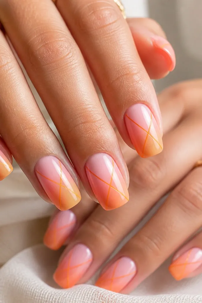 Medium squoval nails. The base fades from peachy orange at the tips into soft pink near the cuticle. Over the ombre, there are two thin orange diagonal crisscross lines forming an X on each nail. Glossy finish.