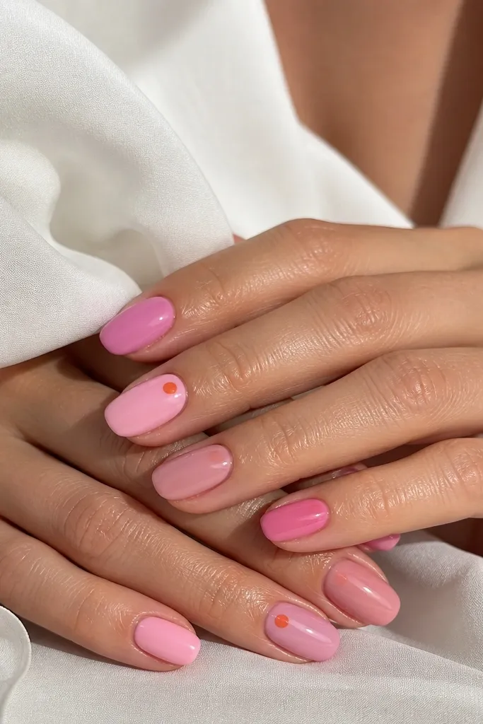 Five nails in different pink shades (bubblegum, milky, rose, sheer pink, dusty pink). The other five are solid pink too but with one accent: a single orange dot on each accent nail, placed near the cuticle. Glossy finish, clean dot edges.