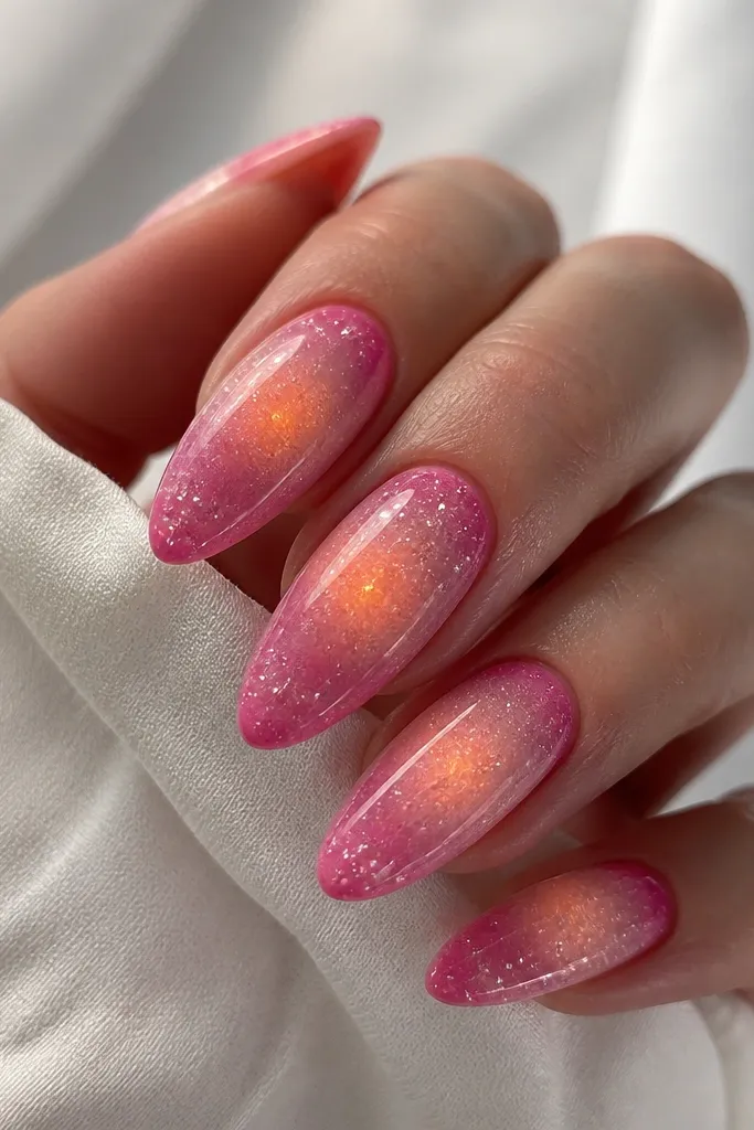 Long almond nails with a tiny orange "center" glow. Around it, a galaxy effect uses pink shimmer and fine specks, while the edges have a clean pink frame. Glossy top coat with a soft, nebula-like feel.
