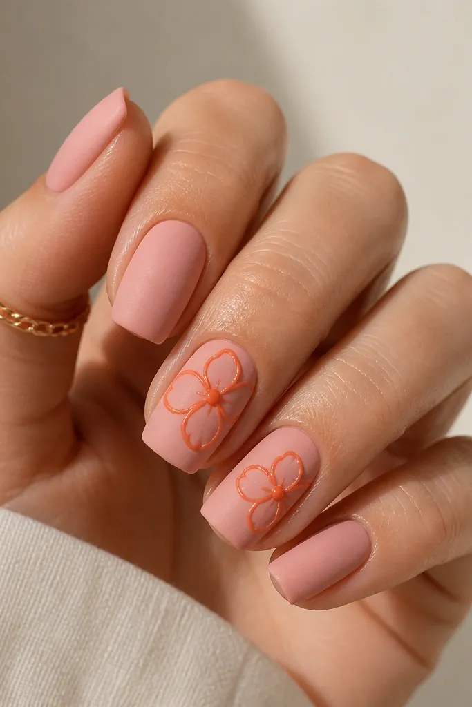 Medium squoval nails. The base is matte dusty pink. On two accent nails, there are simple outline flowers drawn in glossy orange, with tiny dots at the centers. The outlines are crisp and slightly raised-looking due to gloss top coat.