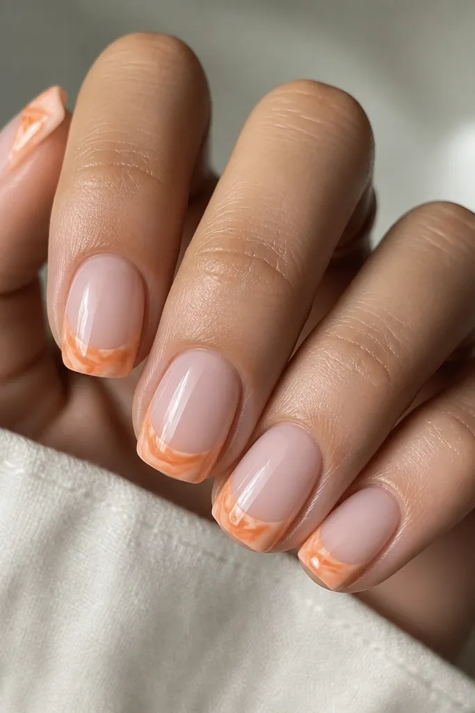 Short squoval nails with a milky pink base. The tips have a marbled orange-and-white pattern, like a swirled watercolor. The marble stays only in the tip area, leaving the rest clean.