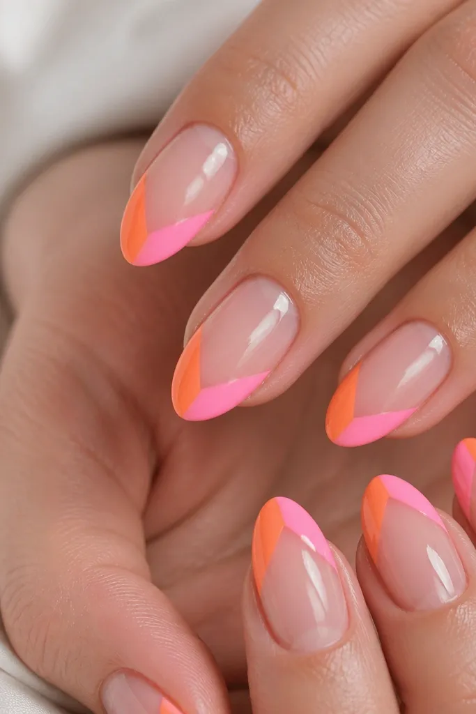 Medium almond nails with a clear base. A V-shaped graphic at the tip has two sides: one side is orange, the other side is pink. The center V points down toward the middle, leaving the nail bare in the middle. Glossy finish.