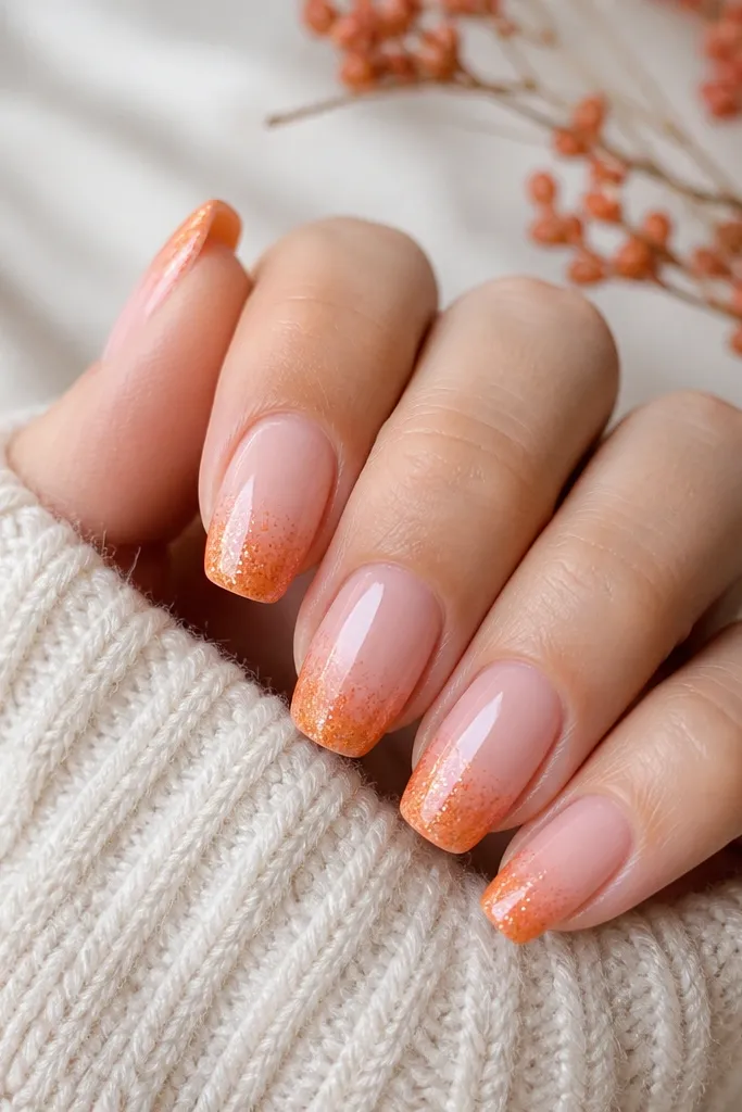 Long squoval nails with a translucent jelly pink base. The tips fade into a concentrated orange glitter band, like a gradient sparkle. The orange glitter is denser at the very tip and lighter as it moves upward.