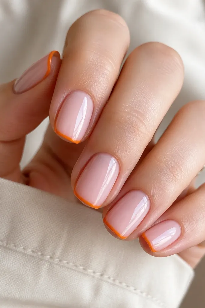 Short squoval nails. The base is sheer pink with natural nail visible through it. The French tips are outlined in orange only - no solid fill - creating a thin orange border around the tip curve. Glossy finish.