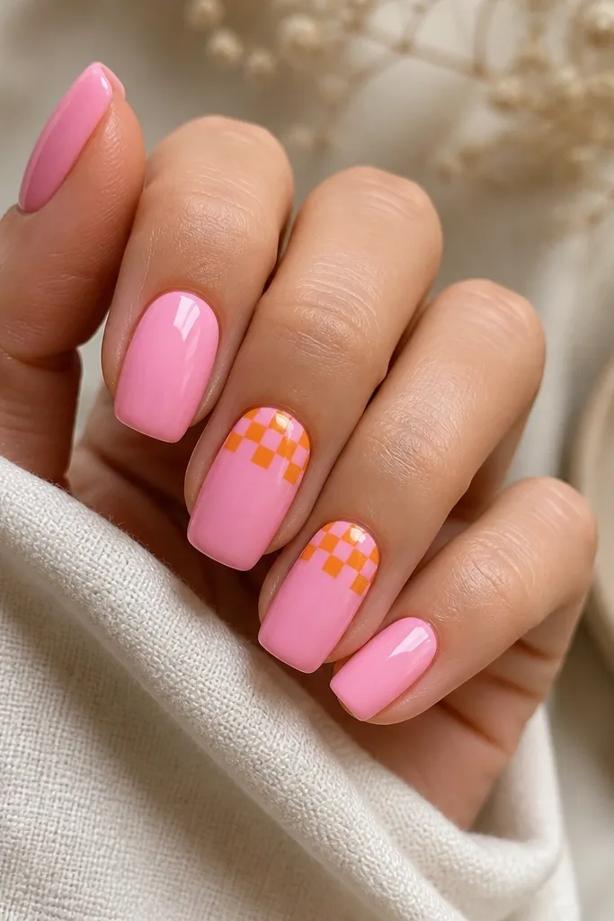 Medium squoval nails with a glossy pink base on all nails. On two accent nails, the tip area has a small checkerboard pattern in orange and pink squares, with clean borders. The checkerboard is only in the top third of the nail.