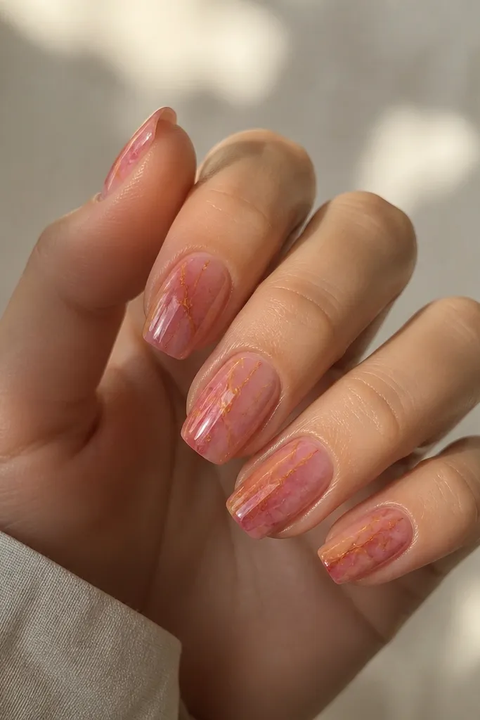 Medium squoval nails with a tortoise pattern in pink. The base has layered pink and peach-brown tones, and over it there are thin orange line cracks that look like veins. Glossy finish, pattern stays within the nail.