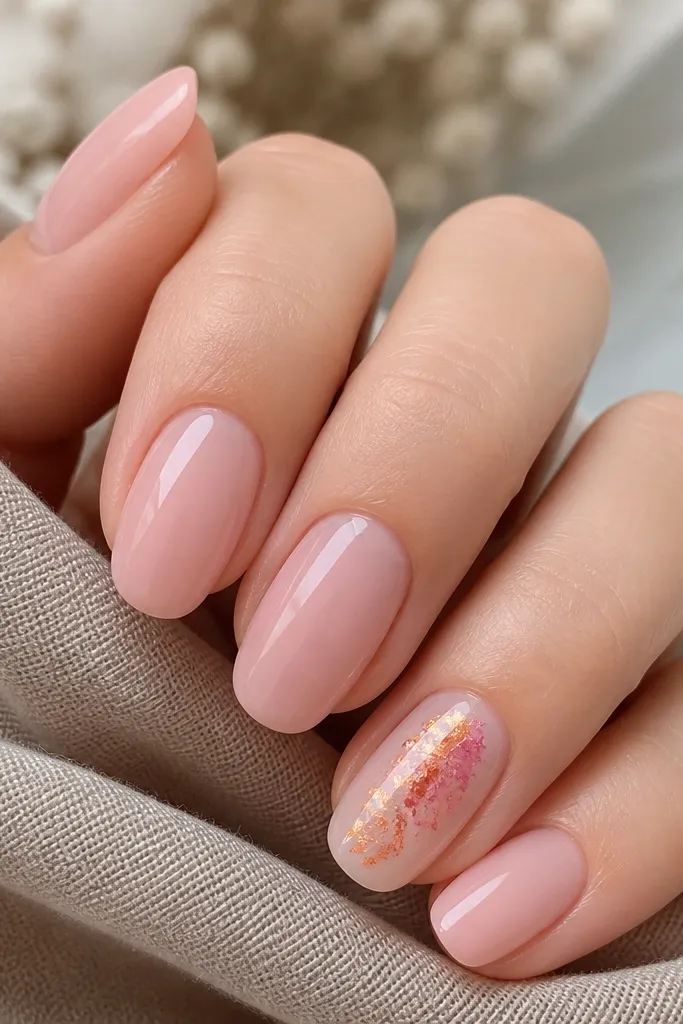 Glossy pink nails on most fingers. One accent nail has crumpled foil leaf pieces in orange and pink, scattered near the center and slightly toward the cuticle. The foil edges are sealed, no sharp lifting.
