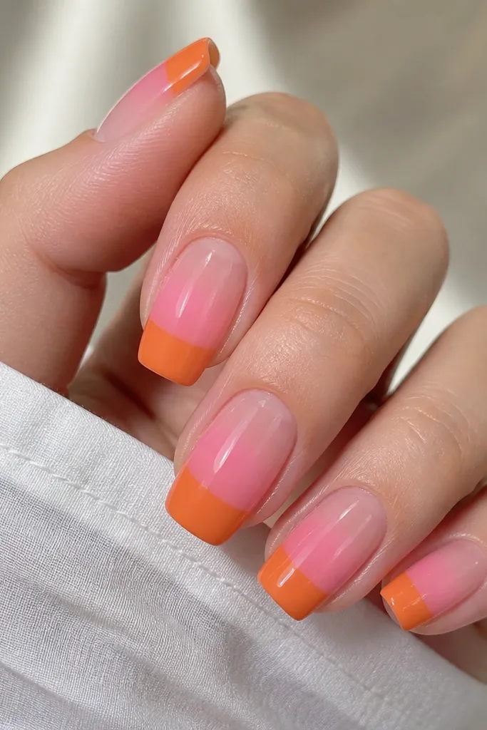 Long squoval nails. The cuticle area fades from clear to pink, then the middle is a soft pink gradient. The tip has a solid orange cap that covers the last third of the nail with a crisp edge. Glossy finish.