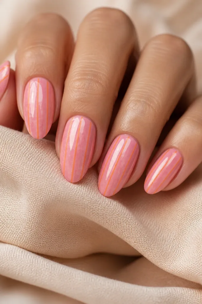 Medium almond nails with a textured pink background that looks like tiny brush strokes. On each nail, there are orange stamped lines - thin parallel lines running vertically, like a pattern. Glossy top coat over everything.