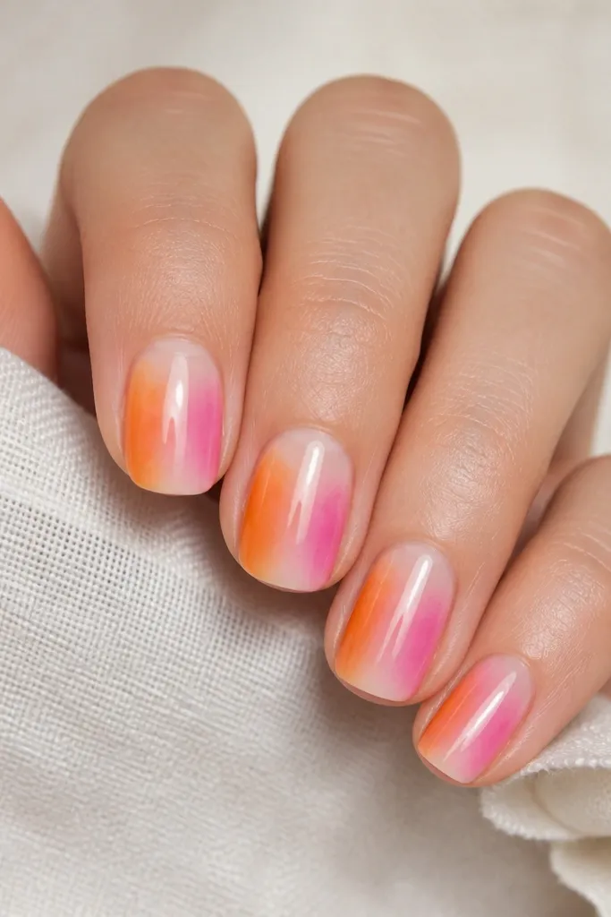 Short to medium squoval nails. The sides fade from orange to pink like watercolor. The center is clear, leaving a vertical strip of bare nail from cuticle to tip. Glossy top coat with a soft watercolor edge.