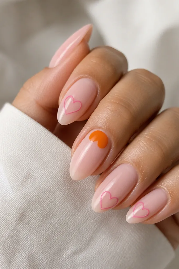Medium almond nails with a glossy sheer pink base. On most nails, there are small pink outline hearts near the side of the nail. On the ring finger, there's a solid orange half-heart shape near the cuticle. Glossy finish.