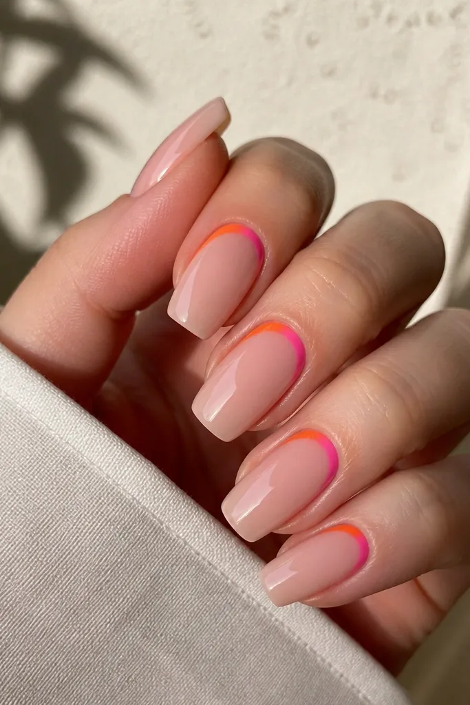 Long squoval nails with a reverse French at the cuticle. The base is glossy nude-pink. Near the cuticle, there's a curved band that starts orange on one side and transitions to pink in the middle, following the smile line. Glossy finish, clean edges.