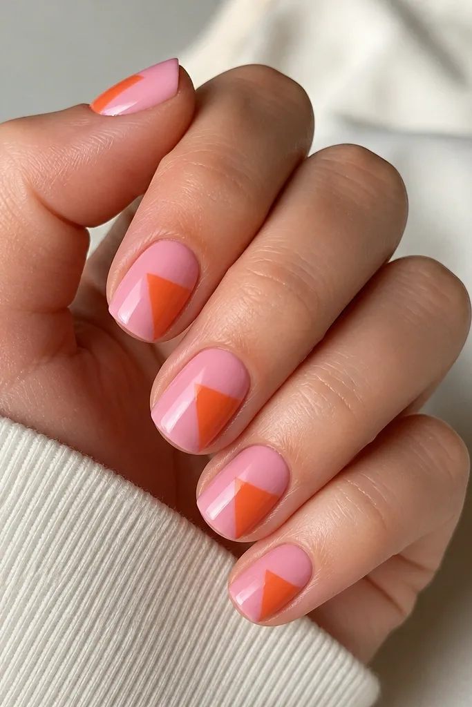 Short squoval nails in glossy pink. On each nail, there's a single orange triangle on one side of the nail, pointing toward the center, leaving the rest pink. The triangle edges are sharp and clean.