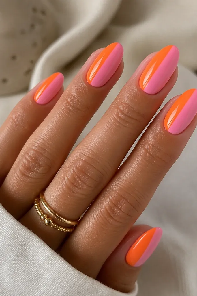 Medium almond nails with a vertical split down the center. One half of each nail is glossy orange, the other half is glossy pink. The split line is crisp and straight from cuticle to tip.