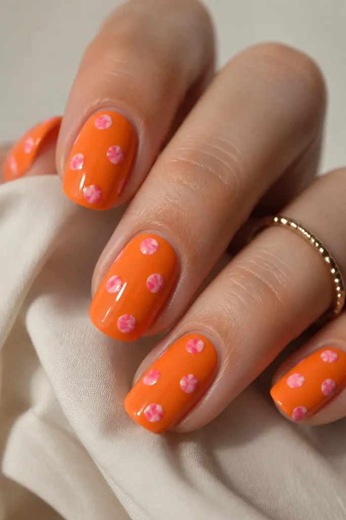 Medium squoval nails with a solid glossy orange base. Over the orange, there are scattered small pink dot clusters with tiny white marble-like swirls inside the dots. The dots look like mini marbled candies.