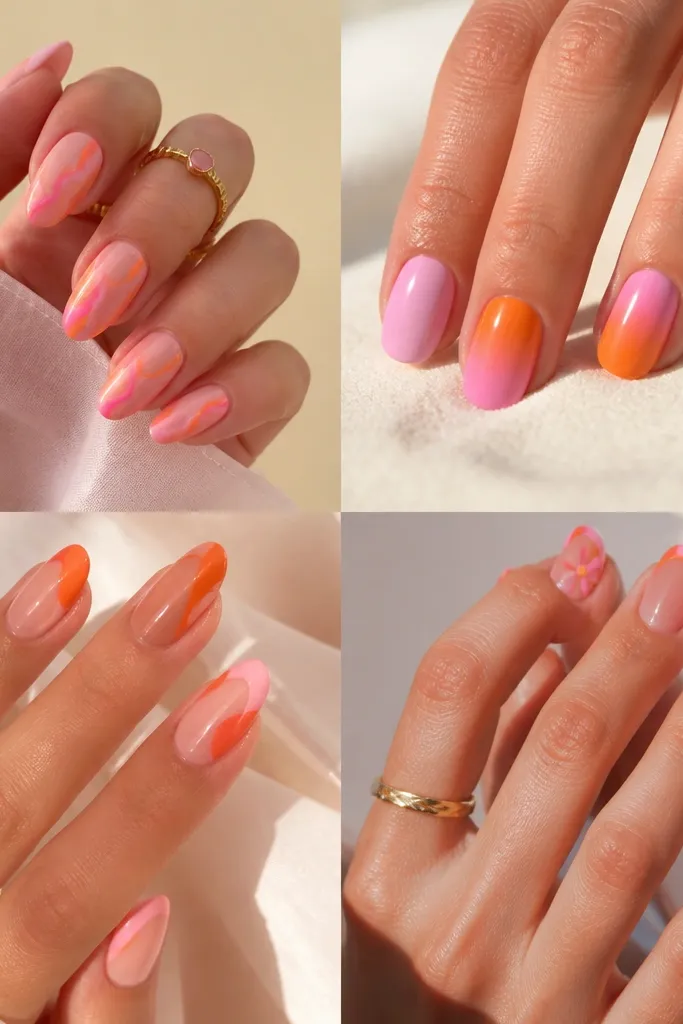 Creative Pink And Orange Nails design ideas