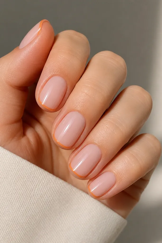 Short squoval nails with a glossy sheer-pink base. The tips are tiny French lines: a very thin orange curve following the smile line, about 1 mm from the edge. Clean, no other art.