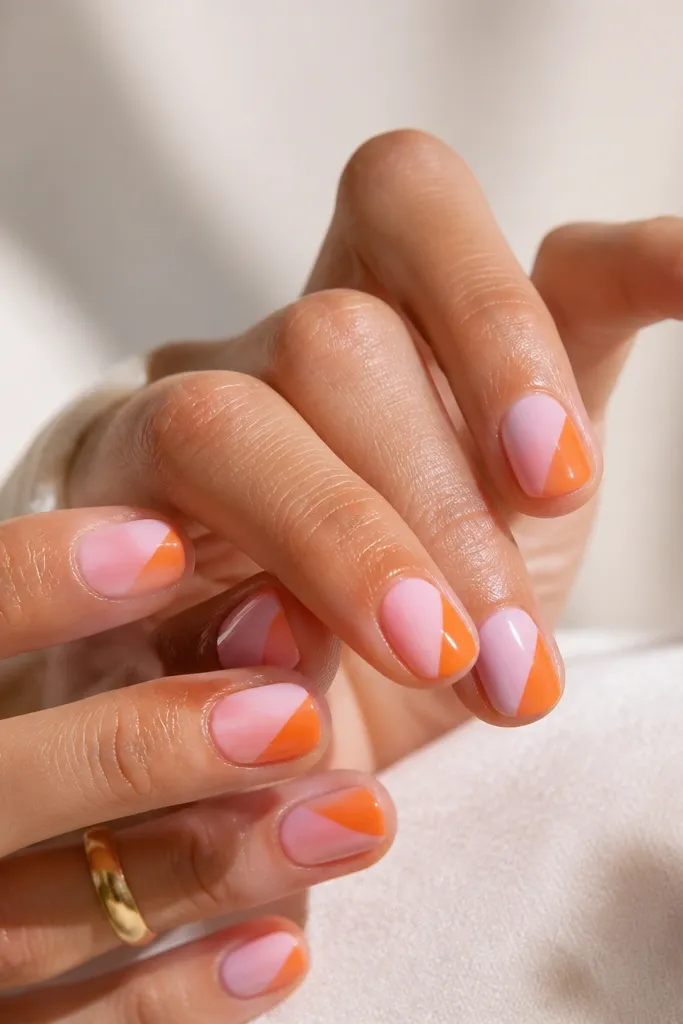 Short square nails with a glossy pink base. One corner on each nail is a diagonal wedge: orange placed from lower side to upper center, with a tiny curved half-moon cutout where it meets the base. No extra gems.
