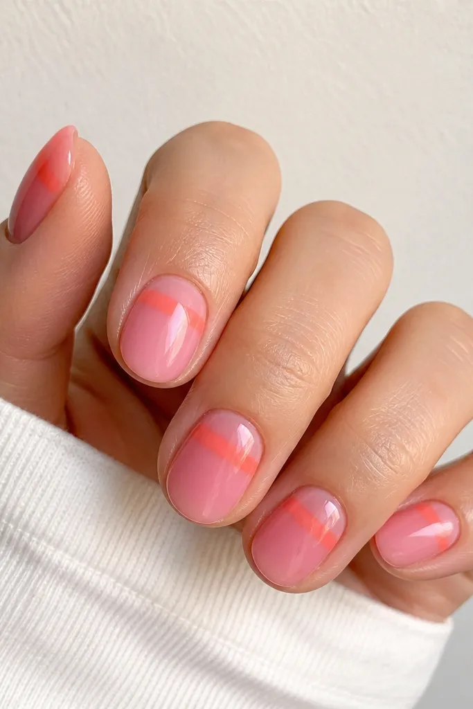 Short almond nails painted with glossy jelly-pink. Across the top third is a single peachy-orange stripe with soft edges, like a brushed band. The stripe runs straight from side to side.