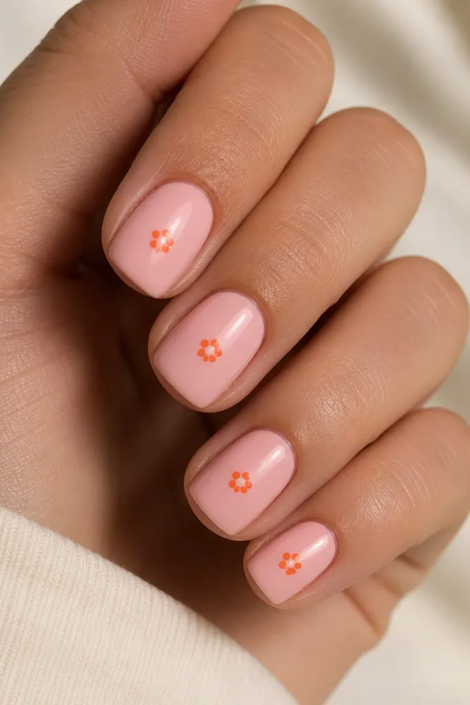 Short squoval nails with a glossy pink base. Near the center is a small cluster of 5 orange dots in a loose flower shape. Tiny gaps of pink are left between dots so it stays airy.