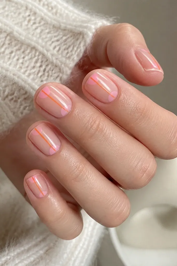 Short nails with a sheer nude-pink base. At the cuticle area is a crisp pink half-moon. From the center down the nail is a thin orange line that ends before the tip, leaving a small pink border.