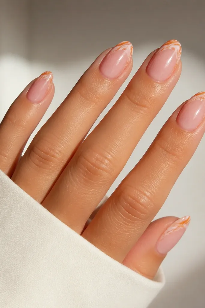 Short almond nails with glossy pink base. The tips have orange marble swirls on a translucent base, with thin white-ish lines and irregular patches only at the very end.