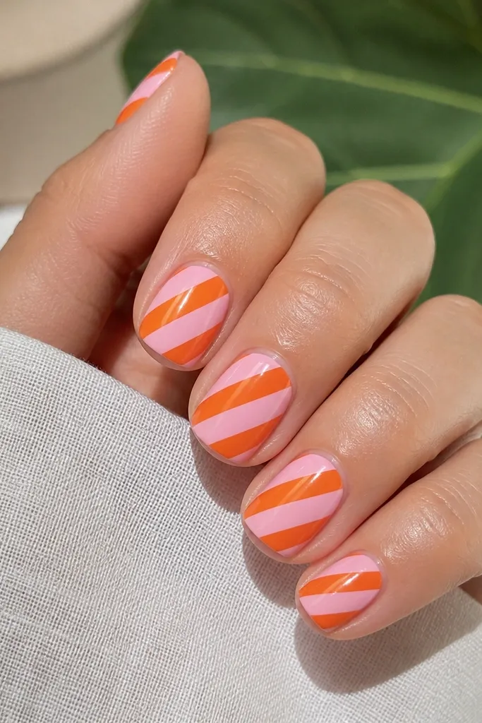 Short square nails with alternating diagonal stripes. The base is pink, and orange stripes run diagonally across each nail in two bands, with crisp tape edges and glossy finish.