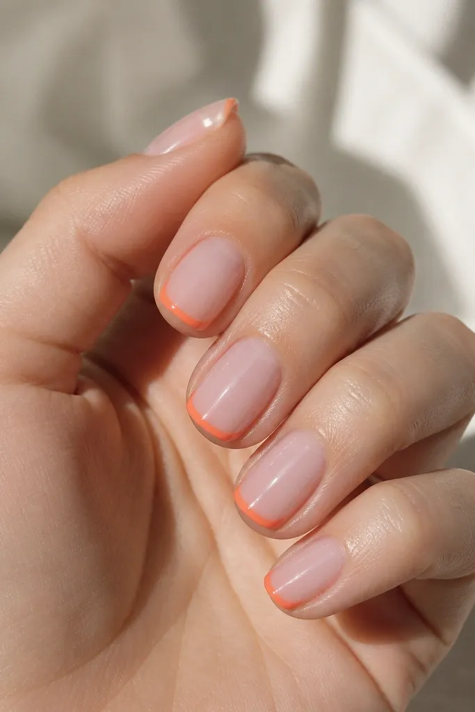 Short squoval nails with glossy sheer pink. Instead of filling the tip, there's only an orange outline following the French tip curve, with the rest of the nail staying pink.