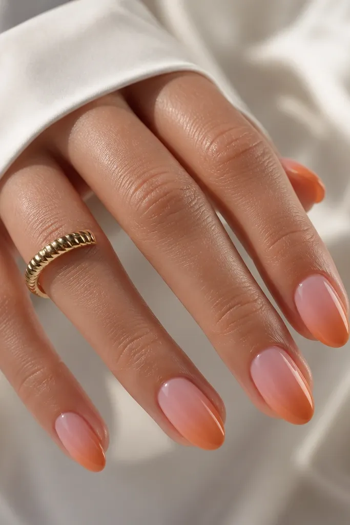 Short almond nails with a smooth ombré. The base is pink near the cuticle and it fades into orange at the tip, with soft blending and a glossy finish.