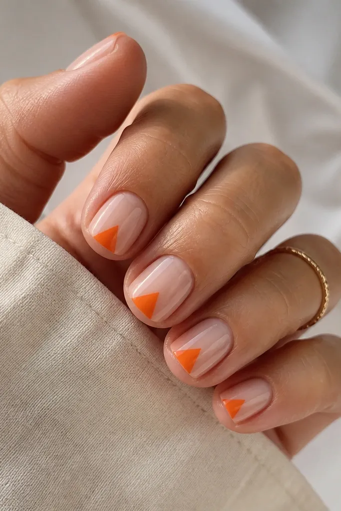 Short square nails with a half-nude base (sheer pink nude). On each nail, a bright orange triangle sits near the tip, pointing toward the center. Clean edges, glossy finish.
