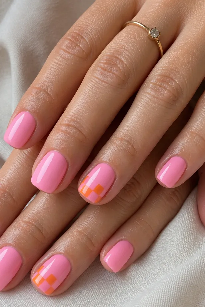 Short squoval nails with glossy pink on most nails. On two accent nails, there's a small checkerboard pattern in orange and pink squares near the tip, with crisp lines and a glossy top coat.