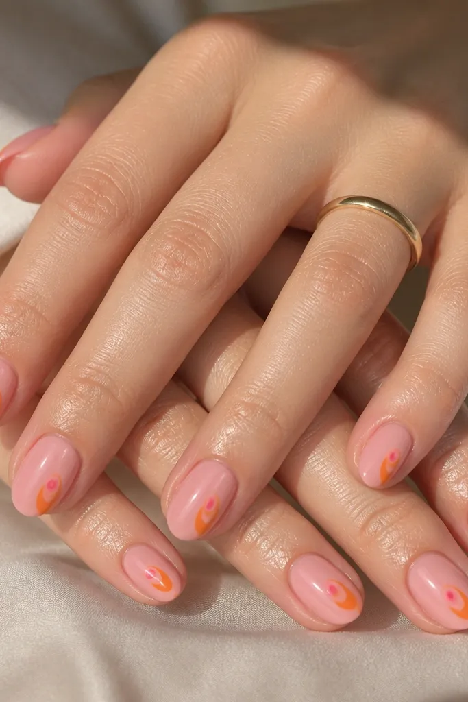 Short almond nails on a glossy pink base. Each nail has an orange swirl tucked into one side corner near the tip, like a tiny curl. In the middle of the swirl is a small dot of pink.