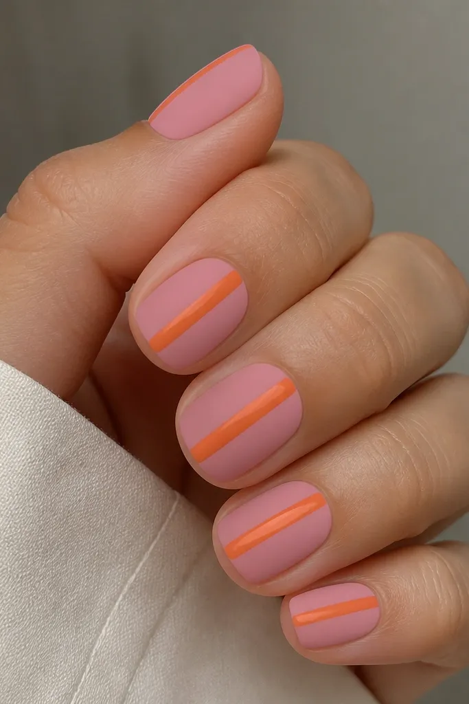Short square nails with matte pink finish. A single glossy orange line runs down the center on each nail, creating a shiny stripe against matte background.