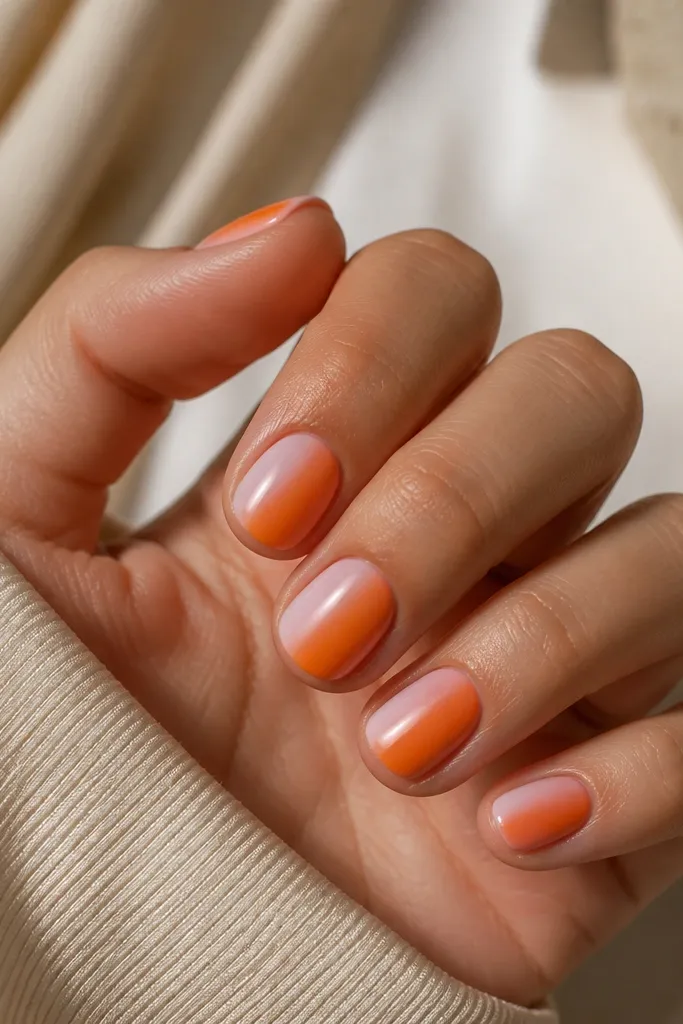 Short squoval nails with an orange half-nail covering the right side. The edge between orange and pink is soft, like a fade or feathered blur, with pink still visible on the left side.