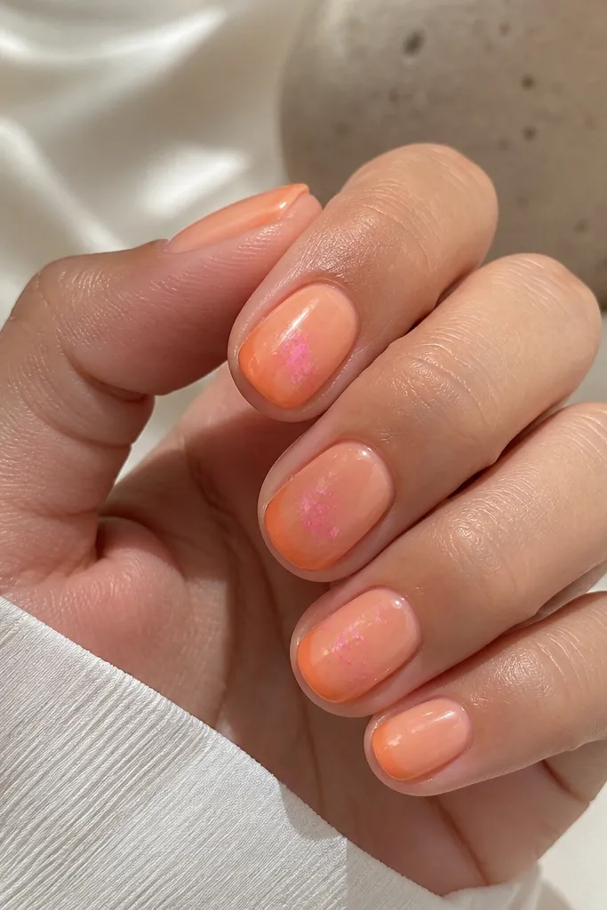 Short nails with a translucent tangerine glow base. Two to three nails have tiny pink speckle dots scattered near the center. Every nail has a thin orange ring around the very tip, like a halo, with the ring slightly thicker at the sidewalls.