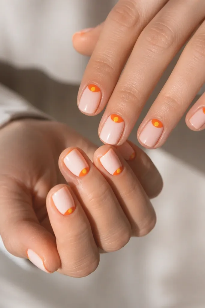 Short square nails in milky pink. Each nail has a crisp half-moon at the cuticle in glossy tangerine orange, with a tiny butter-yellow dot centered inside the half-moon.