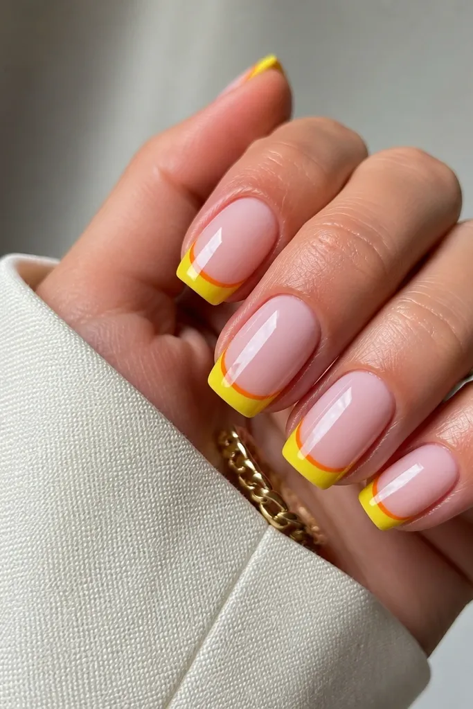 Medium squoval nails with a sheer creamy pink base. The tips are painted in a bold sunshine yellow French, with thin orange lines running under the French curve.