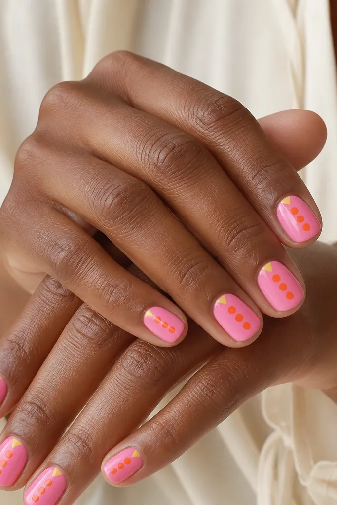 Short round nails painted bubblegum pink. Each nail has a vertical ladder of orange dots near the center and a small yellow triangle at the upper corner near the cuticle.
